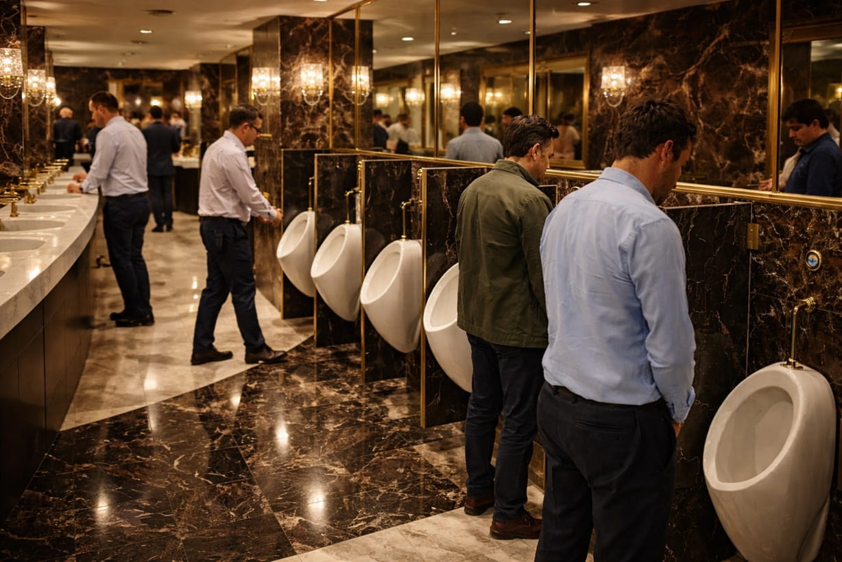 Luxury men's restroom with marble walls, private urinal dividers, and modern sinks in an upscale commercial bathroom interior.